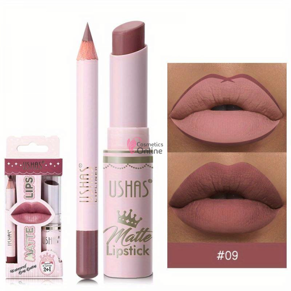 Ruj solid pentru buze 2 in1 USHAS Matte & LipLiner Cod 09 Mineral Red